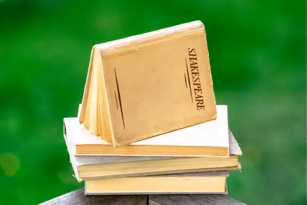An open book bearing the name "Shakespeare" rests on a stack, symbolizing the rich literary heritage and live performances of Shakespearean plays, akin to the experiences provided by the Royal Shakespeare Company.