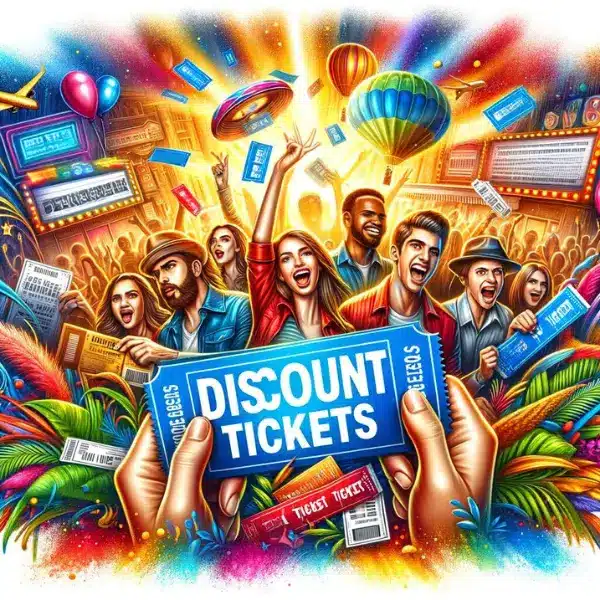 A vibrant and colorful image of people holding tickets with excitement, featuring a backdrop of various event posters.