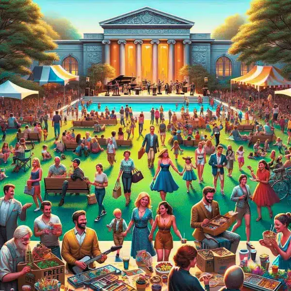 A vibrant and upscale, realistic image of people enjoying outdoor festivals, free concerts, museum visits, and various community events in a lively park.
