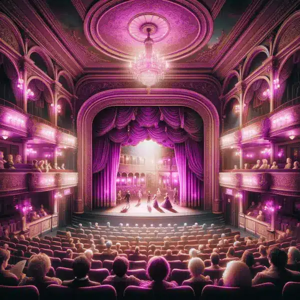 Grand theatre stage with velvet curtains, ornate proscenium arch, and actors in period costumes performing a play. The audience is visible, engaged in the performance.