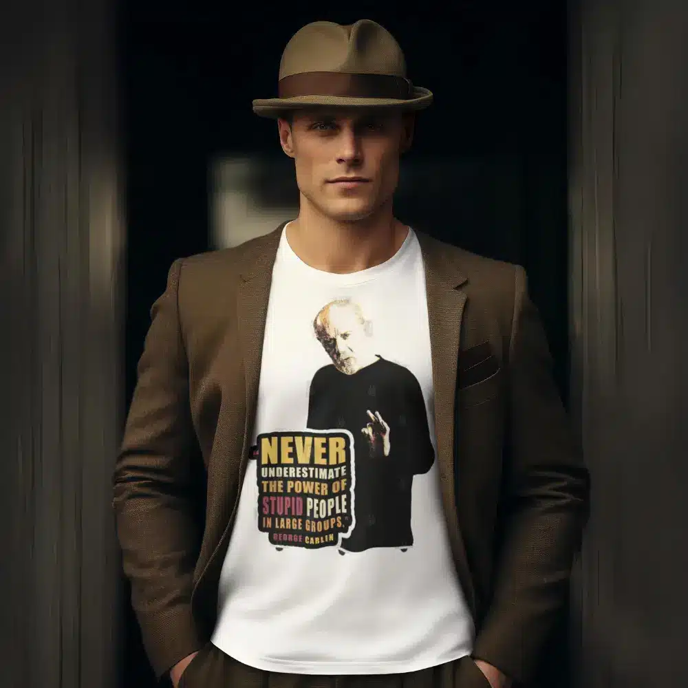 Man wearing a white t-shirt with a George Carlin quote design from the OTL Spotlight curated collection