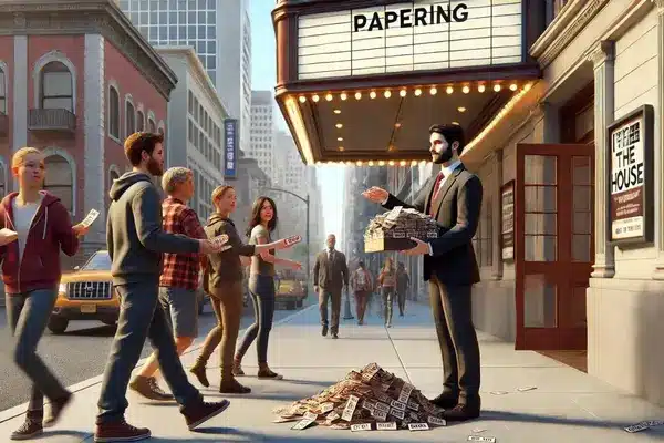 A man in a suit handing out tickets outside a theatre with a marquee that reads "PAPERING," while a pile of tickets lies on the ground.