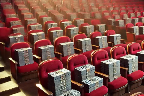 Stacks of tickets placed on red theatre seats, filling the entire auditorium.