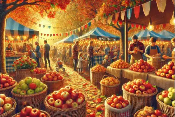 Apple festival with baskets of apples, vendors, and festival-goers surrounded by colorful autumn leaves, showcasing fun fall things to do near me.