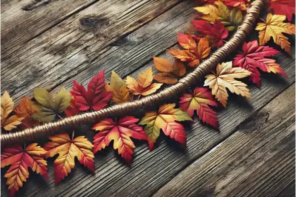 DIY leaf garland made from red, orange, and yellow autumn leaves attached to a cord wrapped in gold twine, displayed on a wooden surface.