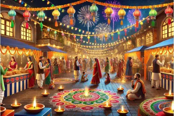 Fun fall things to do near me at a Diwali festival with colorful lanterns, diyas, rangoli designs, and fireworks, featuring people in traditional clothing celebrating in a festive town square.