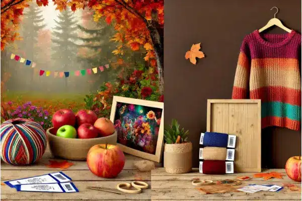 Autumn scene with apples, cozy sweaters, pinecones, and crafting supplies on a rustic table, set against a backdrop of a forest with fall foliage. Perfect for showcasing fun fall things to do near me.