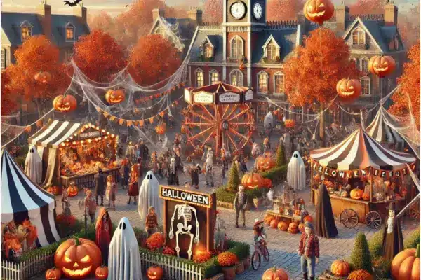 Halloween festival in a town square with decorations, carved pumpkins, ghost costumes, food stalls, and a Ferris wheel, surrounded by vibrant autumn trees.