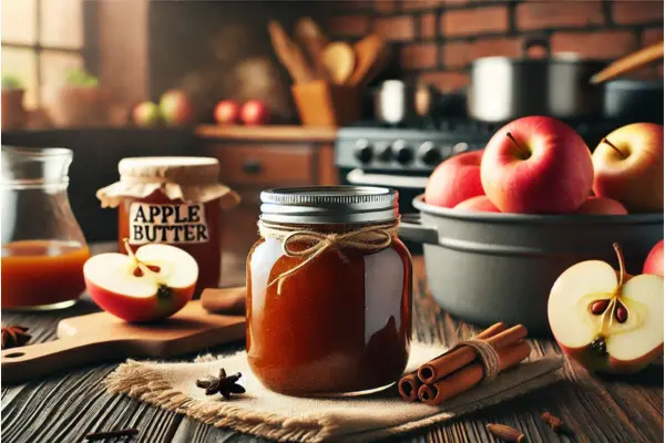 Jar of homemade apple butter with fresh apples, cinnamon sticks, and cloves on a wooden table in a cozy kitchen setting.