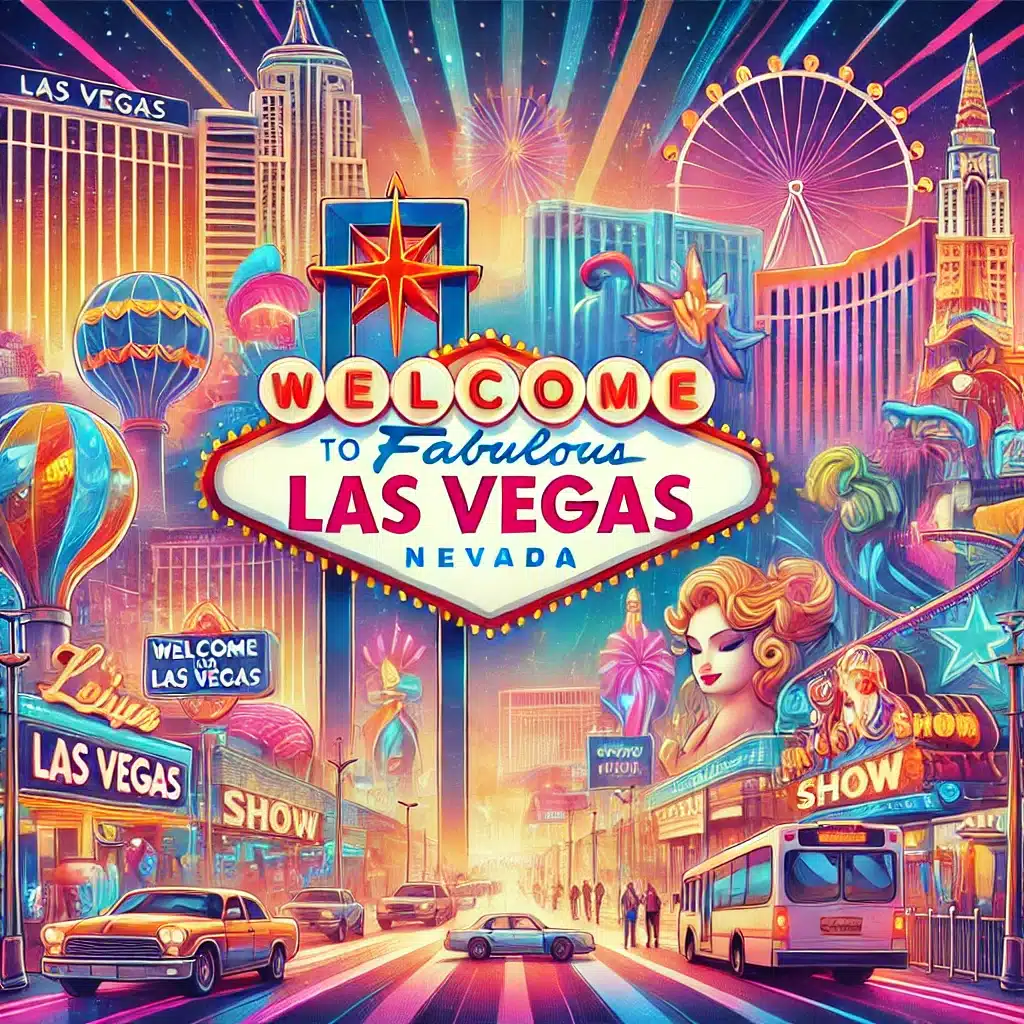 A vibrant and colorful depiction of Las Vegas, showcasing the iconic Strip with neon lights, famous landmarks like the Welcome to Las Vegas sign, casinos, and bustling nightlife.