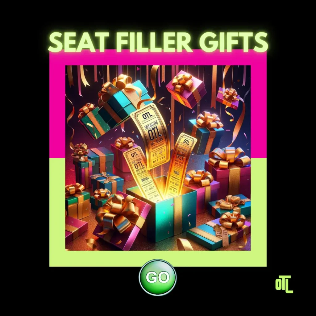 Brightly wrapped gift boxes with golden bows, surrounded by confetti, revealing OTL Seat Filler tickets bursting out from one of the boxes.
