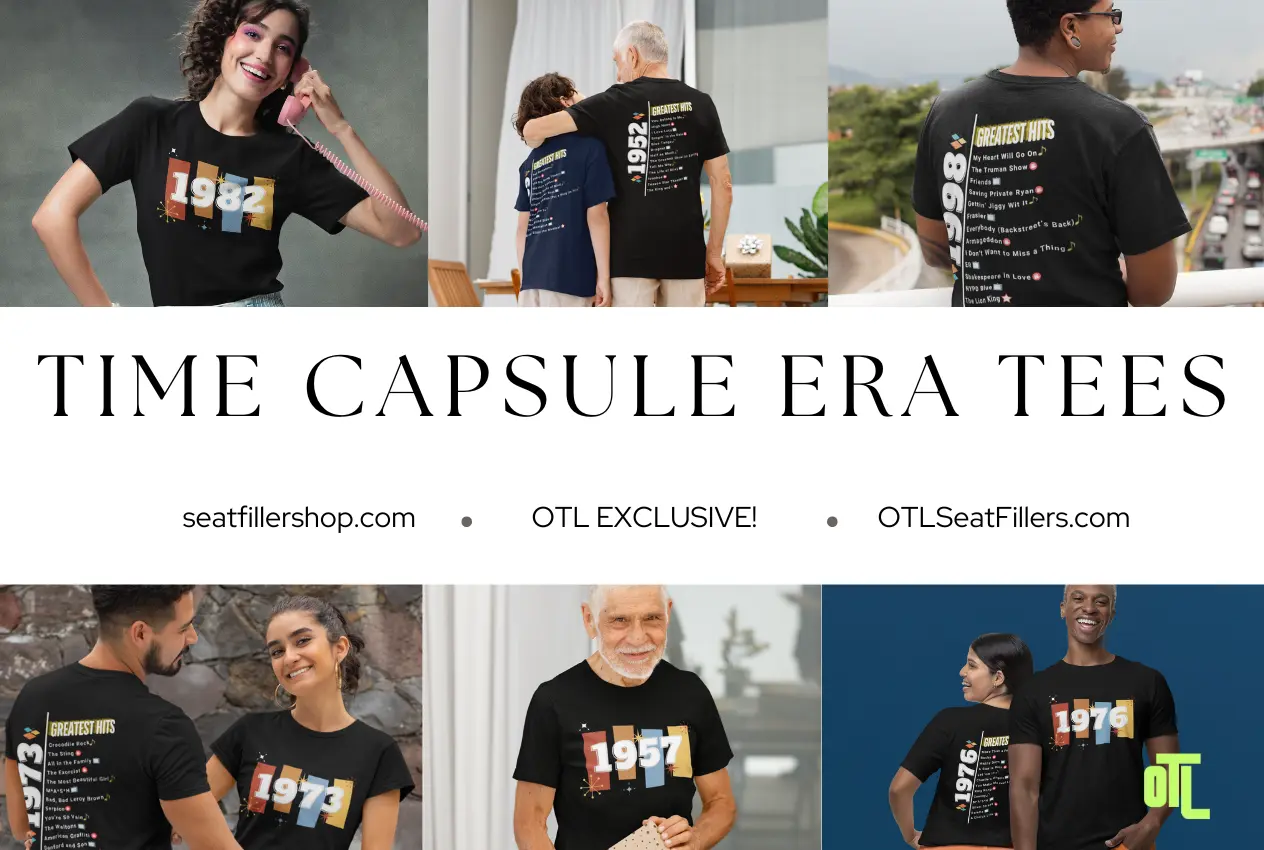 Collage of models wearing Time Capsule Era Tees featuring different years from the 1950s to the 2000s, with text promoting the collection and websites seatfillershop.com and OTLSeatFillers.com.