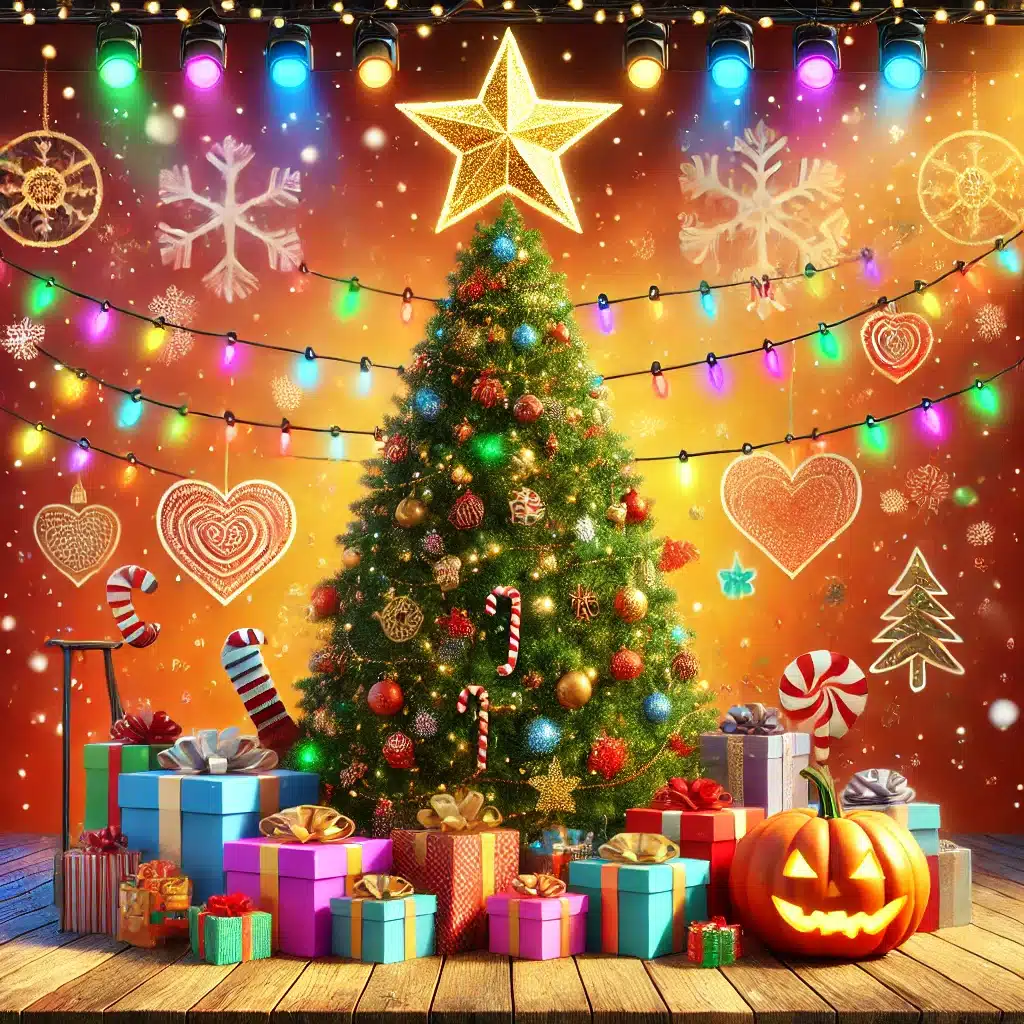 Festive stage decorated for Christmas shows and holiday events, featuring a Christmas tree, lights, gifts, and symbols for Halloween and Valentine's Day.