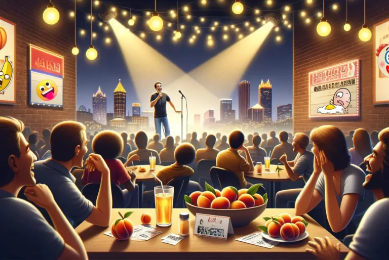 Comedian performing on stage in a lively Atlanta comedy club, with audience members laughing