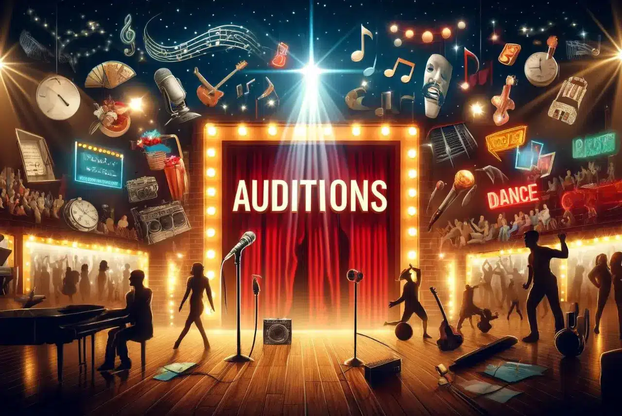 Dynamic collage for an auditions blog featuring theater stage, comedy club, dance studio, and musical instruments with 'AUDITIONS' in bold letters center stage.