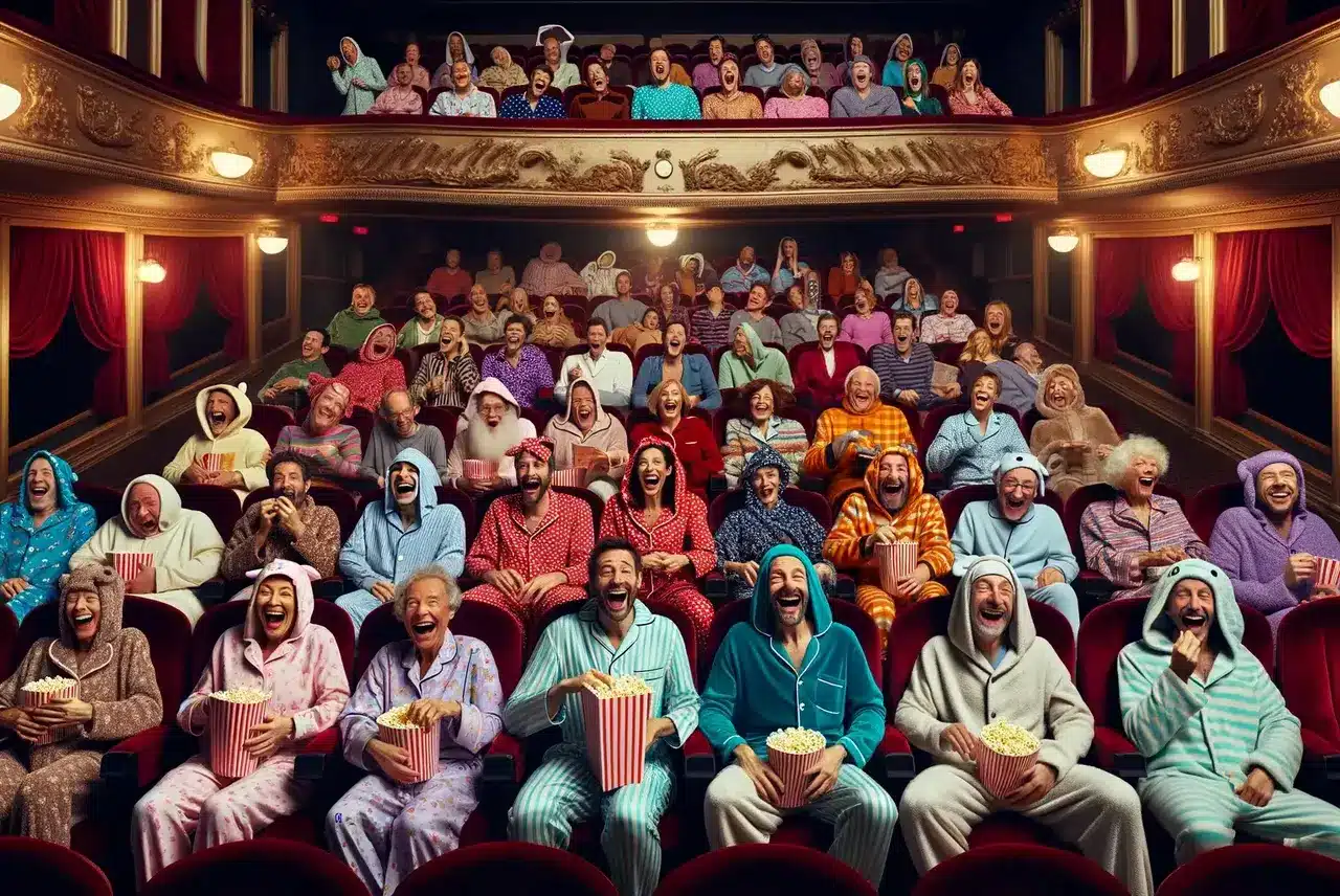 A joyful audience in pajamas laughing while experiencing a live streaming event