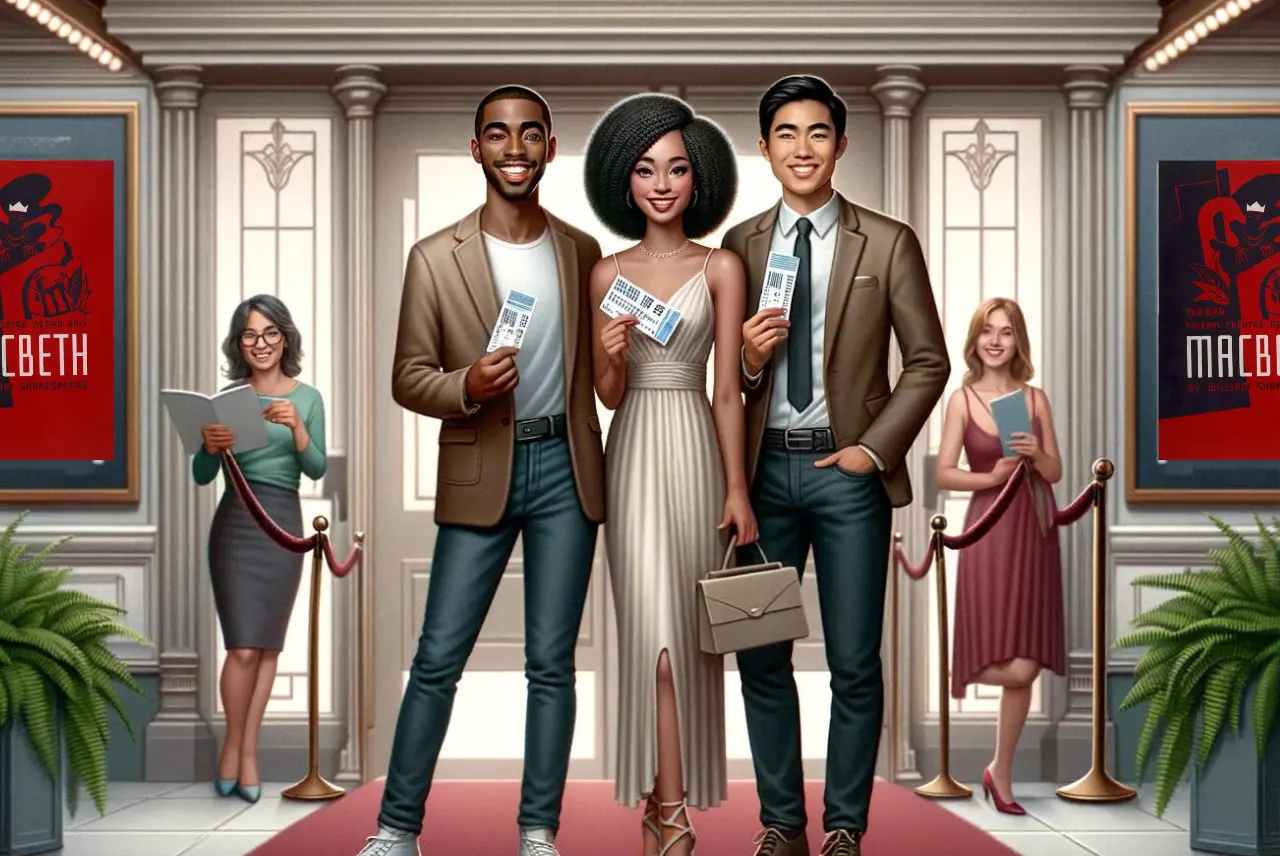 Three diverse individuals, excitedly holding tickets in front of a theater entrance, flanked by promotional posters. This scene captures the vibrant atmosphere typical of the best seat filler website events.