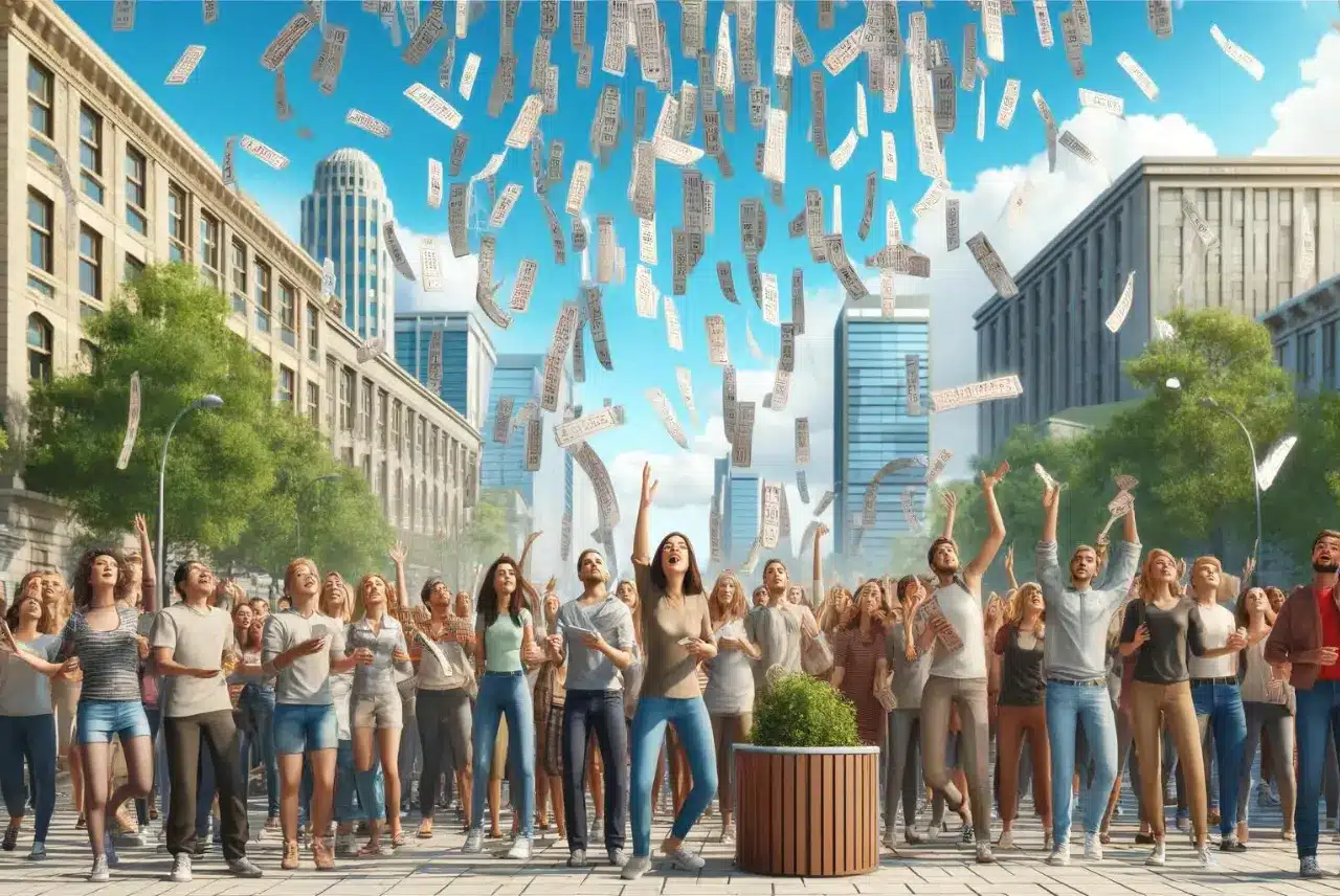A diverse group of people on a street, excitedly catching tickets raining down from the sky, with an urban backdrop of buildings and trees under a clear blue sky.