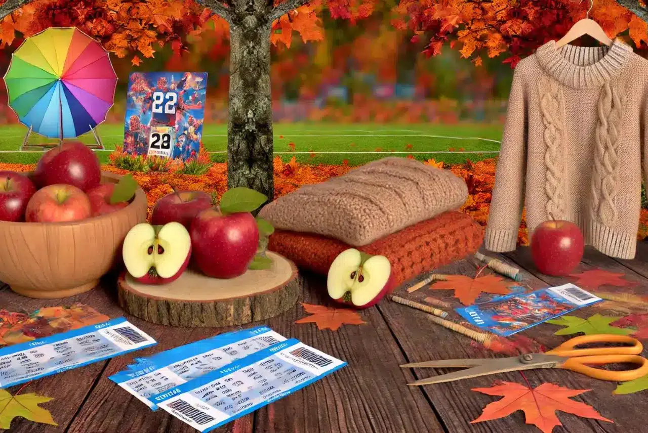 Autumn scene with apples, knitted sweaters, and event tickets on a wooden table, set against a backdrop of colorful fall leaves and a football field.