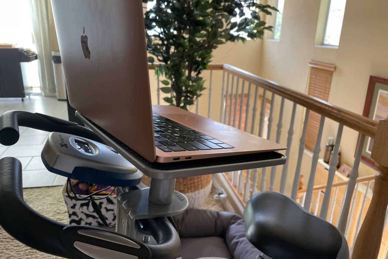 how to make an exercise bike desk, exercise bike desk, laptop stand for exercise bikes, work exercise bike, exercise work bike, workstation for exercise bike