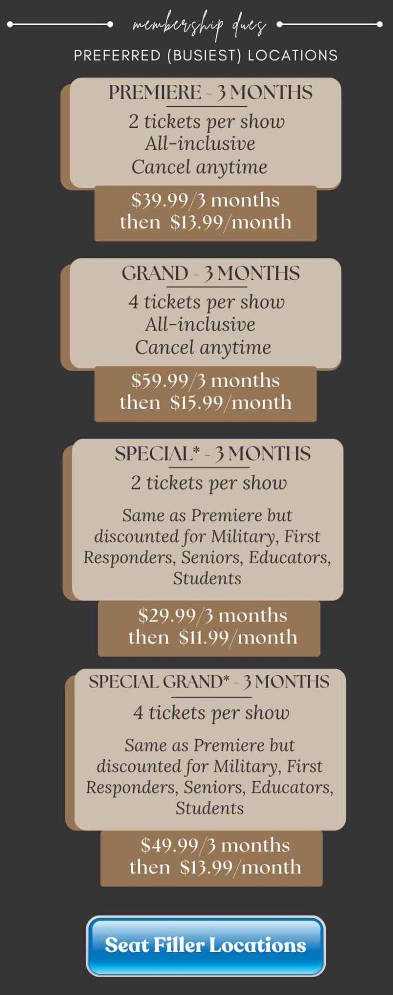 OTL Seat Fillers Pricing All Tickets Included