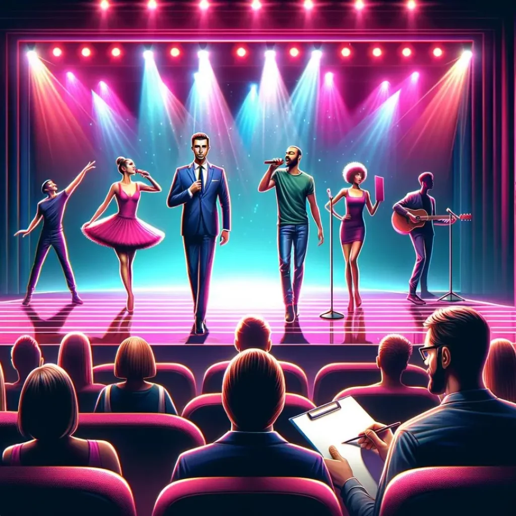 A diverse group of performers on stage under colorful spotlights, viewed from the perspective of an audience in a theater, including a ballet dancer, singers, and a guitarist.