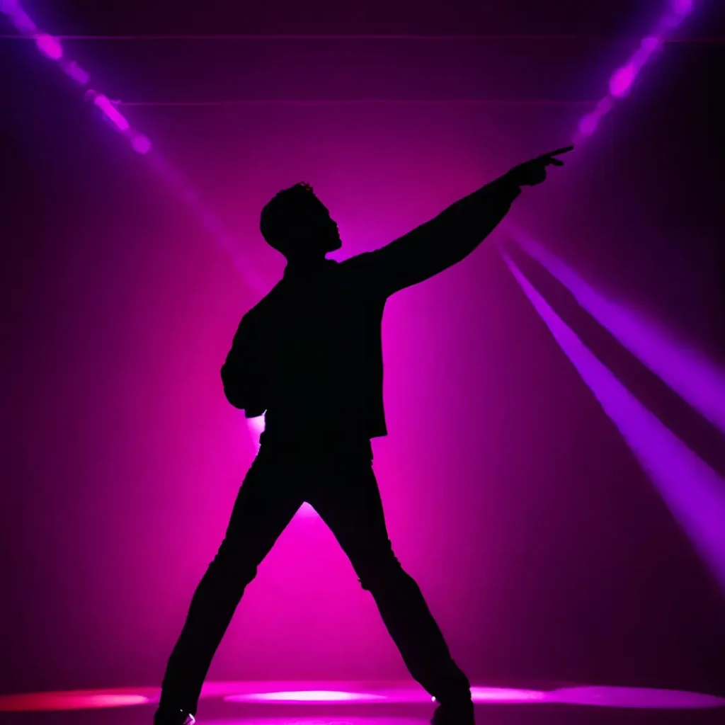 Silhouette of a male performer with a dramatic pose, reaching upwards towards a beam of pink stage light, against a dark background.