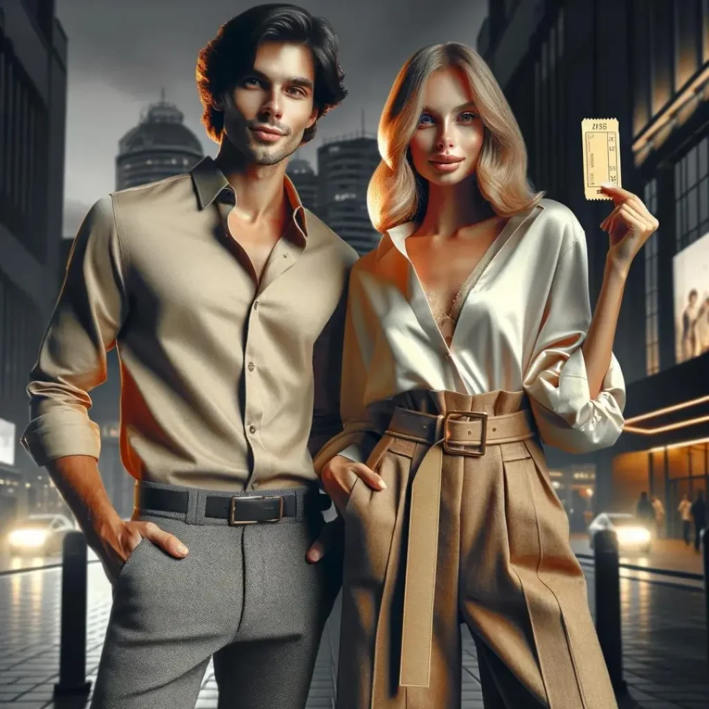 A stylish man and woman stand in a city street at dusk; the woman holds a ticket, symbolizing an elegant night out. Perfect for conveying the sophisticated experience offered by OTL Seat Fillers.