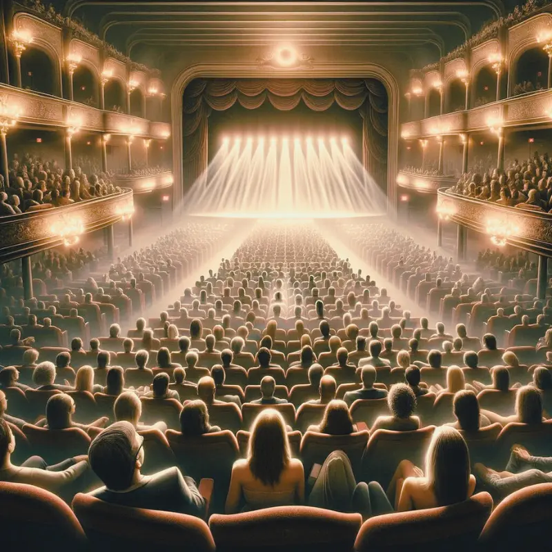 a theatre audience shot from the back looking at the stage with 2 seats highlighted depicting seat filler seats