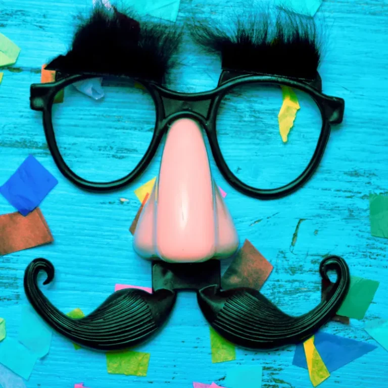 A novelty disguise with oversized glasses, a large pink nose, and a black mustache on a confetti-strewn teal background, evocative of comedy festivals.