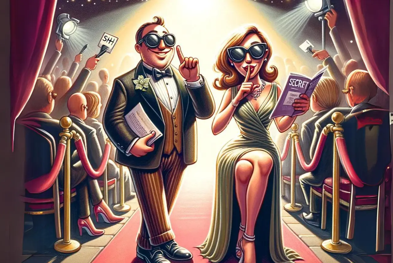 Illustration of two people in elegant evening attire with sunglasses at a glamorous event. One is walking on a red carpet, the other seated, finger on lips
