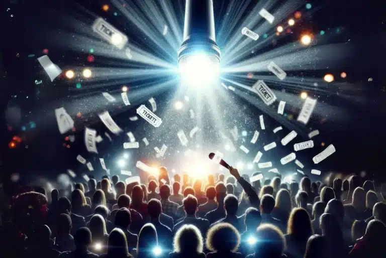An energetic audience captivated by a shining spotlight at a live event, with tickets swirling in the air, highlighting the theme of 'how to promote events'.