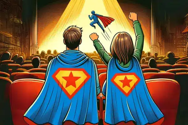 Two audience members with superhero capes featuring a star and seat emblem, excitedly watching a performance