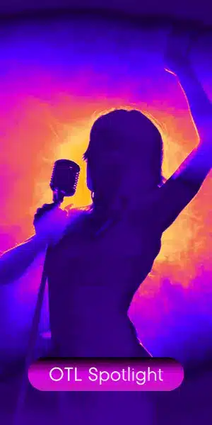 Silhouette of a singer holding a microphone, with purple and orange stage lighting, and the text 'OTL Spotlight' below