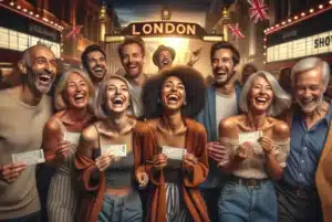 A diverse group of friends of varying ages, holding theatre tickets and laughing together, ready for a night out in London, with iconic landmarks subtly in the background