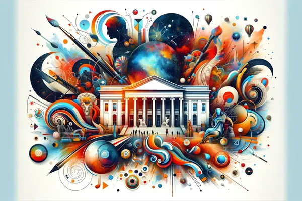  mesmerizing blend of art and imagination wraps around a neoclassical structure, illustrating the boundless exploration possible with virtual tours of arts and culture