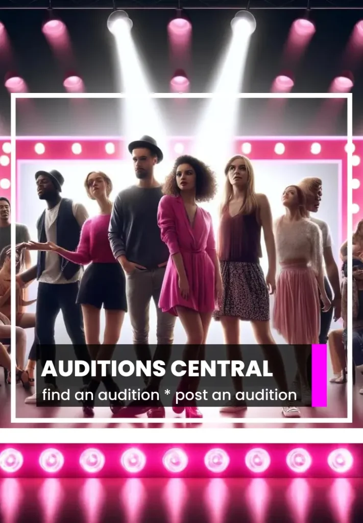A diverse group of performers standing under bright stage lights with a bold header 'AUDITIONS CENTRAL - find an audition * post an audition' as part of the OTL Spotlight homepage.