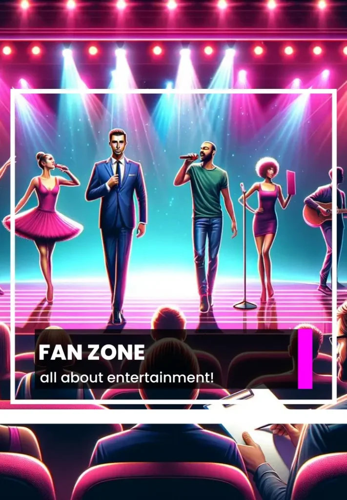 A vibrant showcase of performers on a lit stage, featuring a ballet dancer, a singer, a guitarist, and a host, with an excited audience in the foreground and 'FAN ZONE - all about entertainment!' headlining, part of OTL Spotlight.