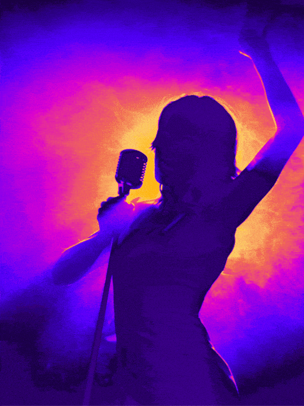 Dynamic performer singing with a microphone on the OTL Spotlight stage, silhouetted against a vibrant purple and blue background, surrounded by falling multicolored stars representing the dynamic arts scene on otlseatfillers.com