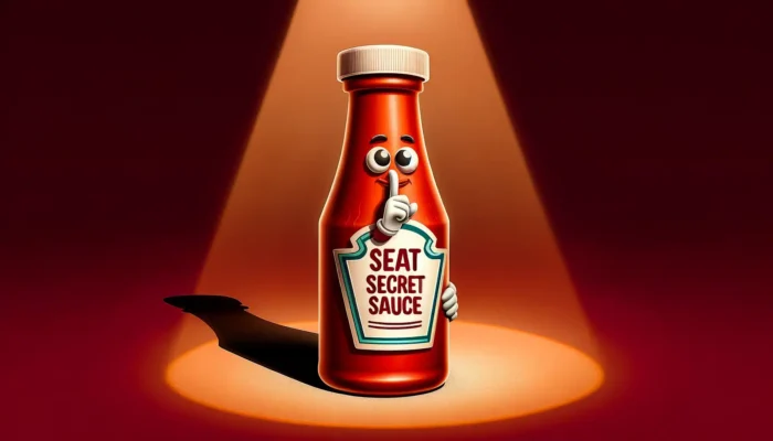 An animated ketchup bottle labeled 'Seat Secret Sauce' with a playful face putting a finger to its lips, set against a spotlighted red background