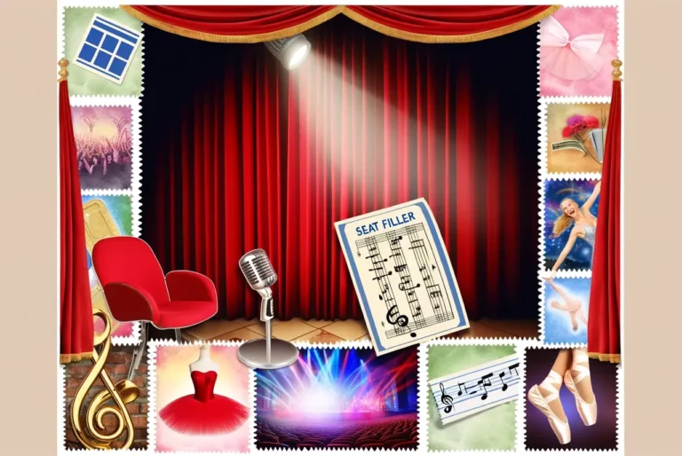 A creative collage showcasing a variety of entertainment symbols including a grand red theater curtain, a comedy microphone, ballet slippers, and musical elements, all representing the exciting world of live events that seat fillers attend.