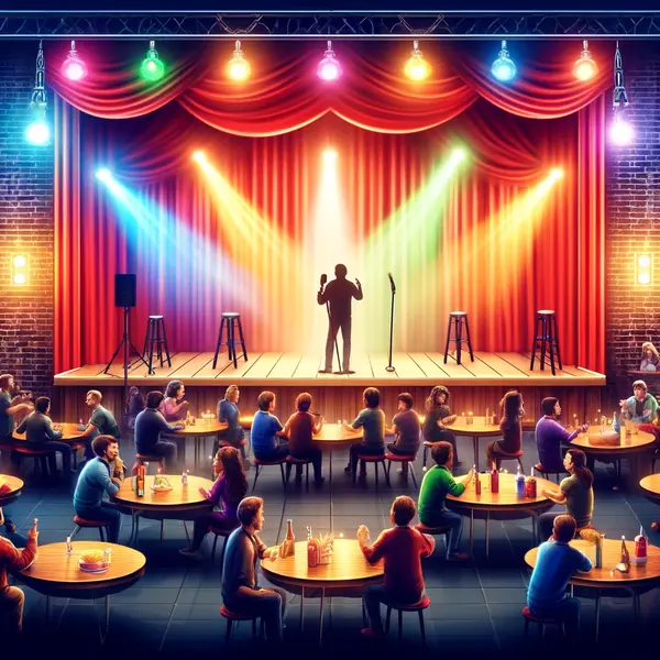A comedian performs on stage in a colorful and lively comedy club with bright stage lights, a brick wall backdrop, and an engaged audience seated at small tables.