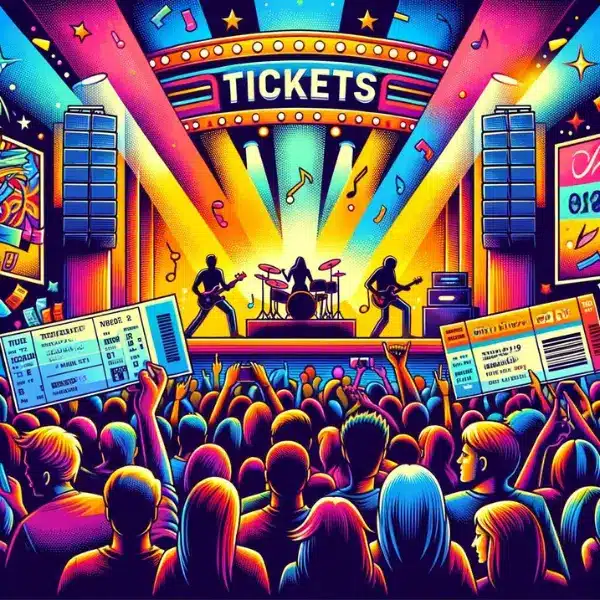 A lively concert scene with a diverse crowd enjoying live music, colorful spotlights illuminating the stage, and musicians passionately performing.