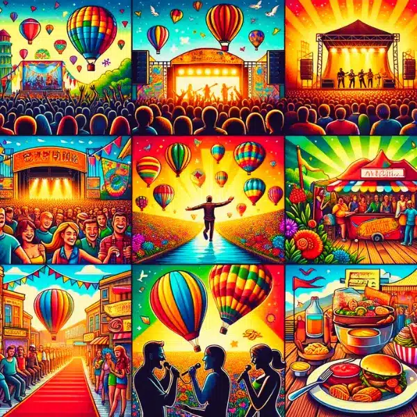 A vibrant and colorful collage of different types of festivals, including music, hot air balloon, food, comedy, and film festivals.