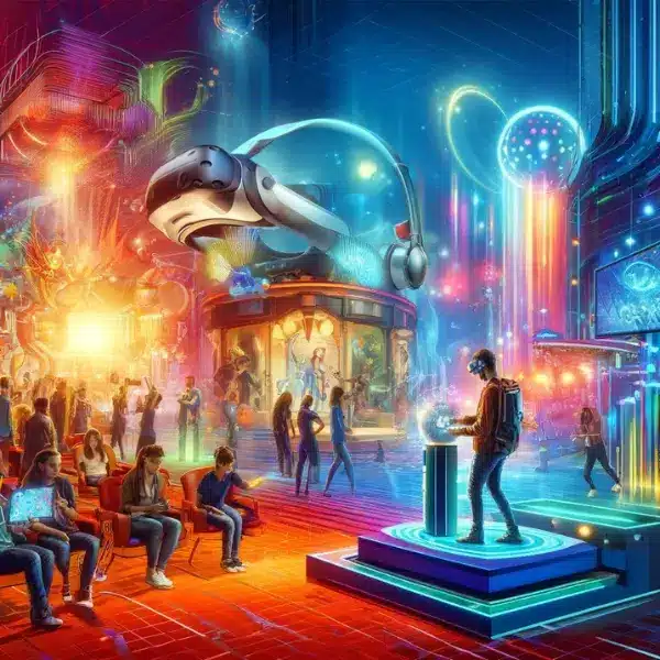 A vibrant and colorful image of people interacting with various immersive installations, representing OTL Spotlight's Immersive Entertainment page.