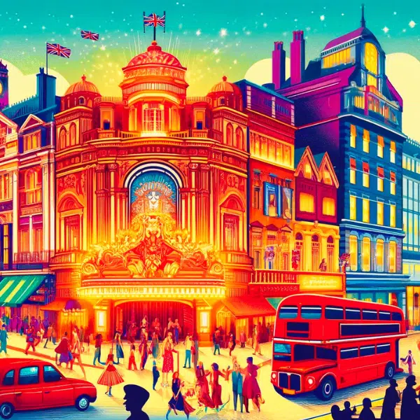 A vibrant and colorful illustration of London's theatre scene featuring iconic West End theatres, bustling crowds, red double-decker buses, and traditional London architecture.