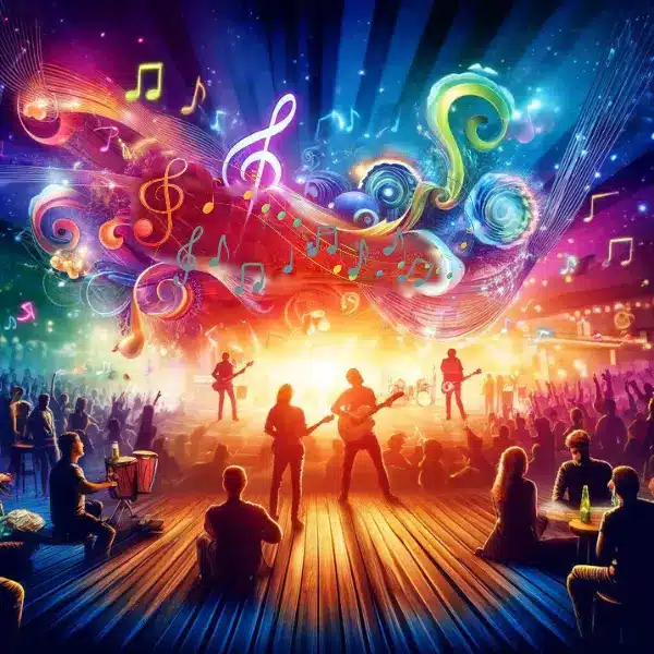 A vibrant and colorful image of people enjoying live music performances with musicians playing instruments and a lively crowd, capturing the excitement of new music.