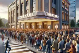 Crowd of diverse people eagerly gathering outside a grand theatre entrance, under a brightly lit marquee, symbolizing the popularity of theatre marketing strategies in 2024.