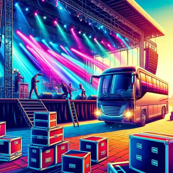 A vibrant and colorful image of a tour bus parked in front of a stage being set up for a concert, representing OTL Spotlight's Tour Dates page.
