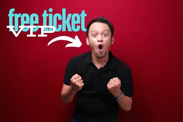 A man with a surprised and excited expression against a red background, with text above him reading "free ticket VIP" and an arrow pointing towards him.